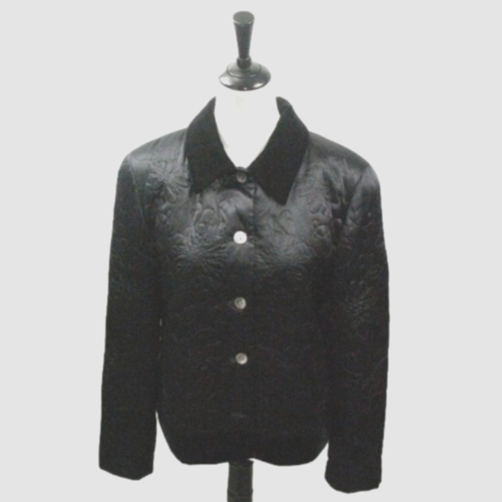 Susan Bristol Silk Floral Stitch Button Front Velvet Collar Blazer Size 12
